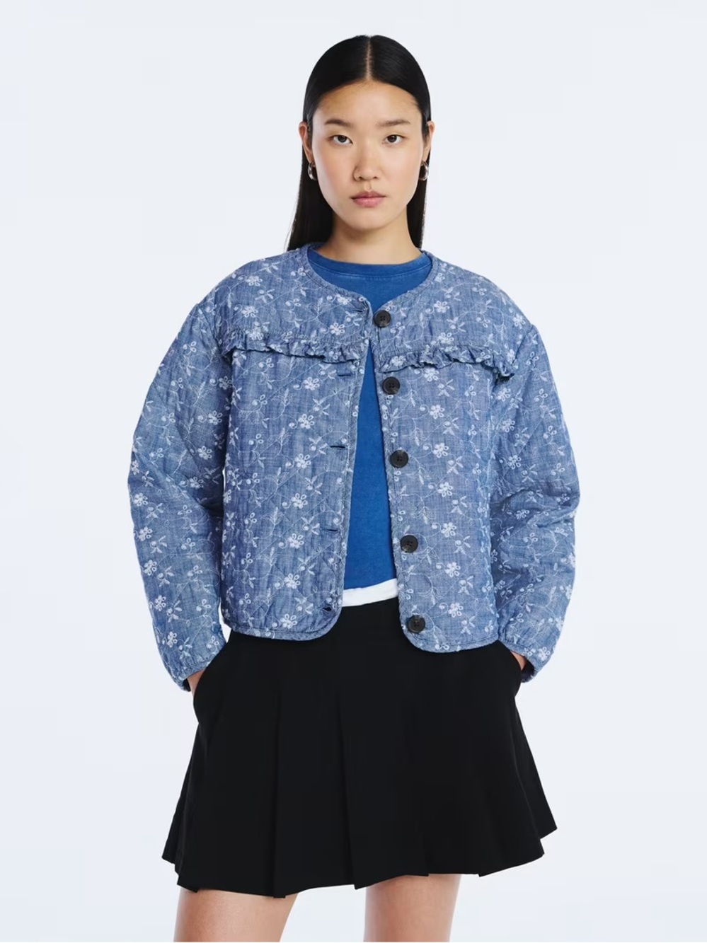 Floral Quilted Blue Puffer Jacket - Women's Lightweight Coat